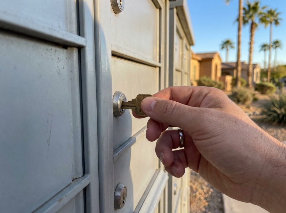 Brass key opening a cluster mailbox (CBU) lock outside a Coachella Valley home